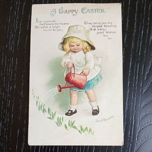 Vintage Easter Postcard with Girl and Watering Can